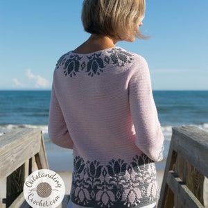 Tulip Sweater Crochet PATTERN - Overlay Mosaic crochet Pullover, Top, Jumper with Flowers around the yoke, hem, and sleeve cuffs. Short and long sleeve versions.