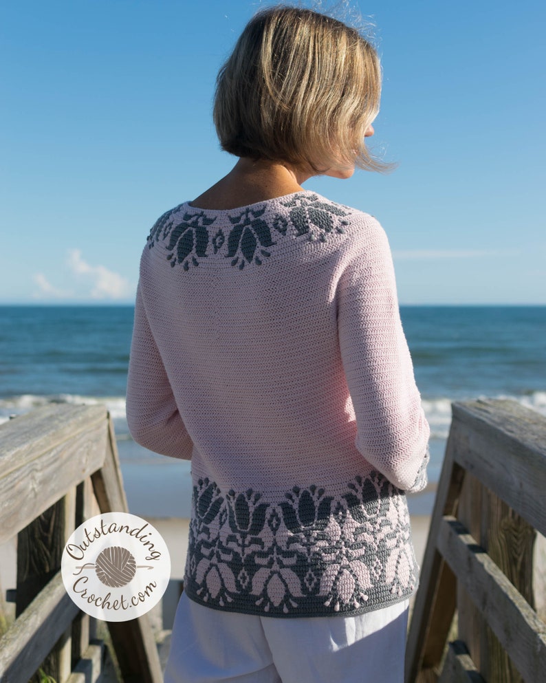 Tulip Sweater Crochet PATTERN - Overlay Mosaic crochet Pullover, Top, Jumper with Flowers around the yoke, hem, and sleeve cuffs. Short and long sleeve versions.