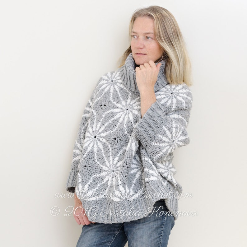 Crochet Sweater PATTERN Plus Sizes Women Pullover PDF Oversized Jumper Charts Poncho Cowl Collar Polar Star Small to 2X