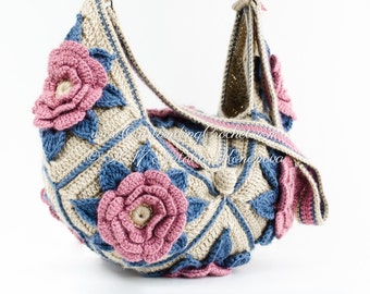 Crochet Purse PATTERN - Cross-body Bag with Embossed Flower Motifs - Messenger Shoulder Bag - Hippi, Boho Chic, Festival Style - PDF