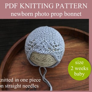PDF Knitting PATTERN - Newborn photo prop bonnet. Knitted in one piece on straight needles. Written in US terms. Skill level: intermediate.