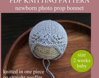 PDF Knitting PATTERN - Newborn photo prop bonnet. Knitted in one piece on straight needles. Written in US terms. Skill level: intermediate.