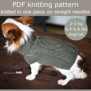 PDF Knitting PATTERN – Aran sweater. Dog/cat weight 4,4-6,6 Ibs. Written in US terms. Skill level: Intermediate.