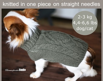 PDF Knitting PATTERN – Aran sweater. Dog/cat weight 4,4-6,6 Ibs. Written in US terms. Skill level: Intermediate.