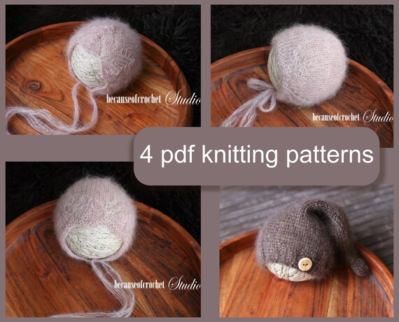 4 Pdf Knitting Patterns Newborn Prop Baby Bonnets And Hat Knitted With Straight Needles Written In Us Terms Skill Level Intermediate