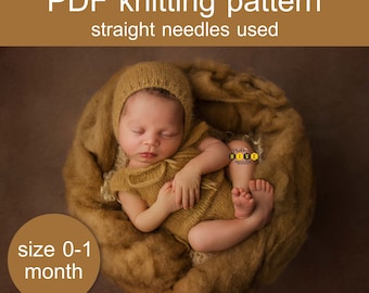 PDF Knitting PATTERN – Easy to make baby romper and bonnet. Size 0-1 month. US terms. Made with straight needles. Skill: intermediate