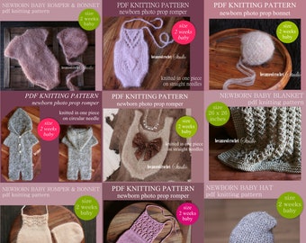 9 PDF Knitting PATTERNS - Newborn baby photo props. Straight needles used. Written in US terms. Skill level: intermediate