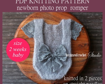 PDF Knitting PATTERN - Newborn photo prop romper. Knitted in 2 pieces on straight needles. Written in US terms. Skill level: intermediate.