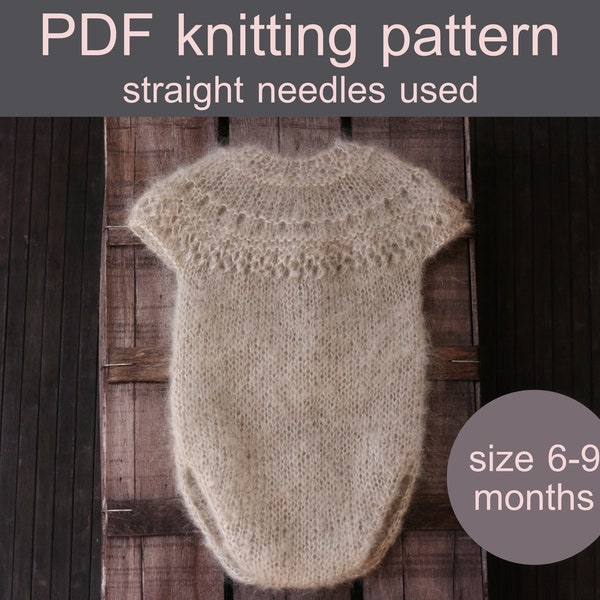 PDF Knitting PATTERN – Baby romper. Size 6-9 months. Written in US terms. Knitted in one piece with straight needles.