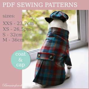 PDF SEWING PATTERNS Dog coat and cap. Sizes: xxs, xs, s, m (for teacup chihuahua, toy chihuahua, pug, french fuldog). Print at home and sew.