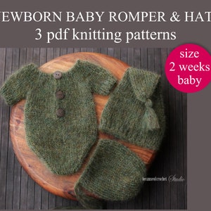 May include: Knitting pattern for a green newborn baby romper and two hats. The pattern is for a 2 week old baby. The pattern is available as a PDF download.