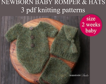 3 PDF Knitting PATTERNS – Newborn baby romper and hats. Written in US terms. Made with straight needles. Skill level: intermediate.