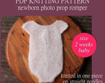 PDF Knitting PATTERN - Newborn photo prop romper. Knitted in one piece on straight needles. Written in US terms. Skill level: intermediate.