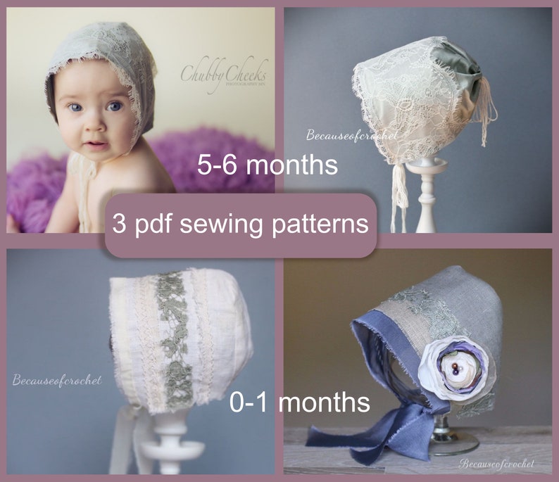 3 PDF Sewing PATTERNS Baby Bonnets. Size: 0-1 Months 5-6 | Etsy