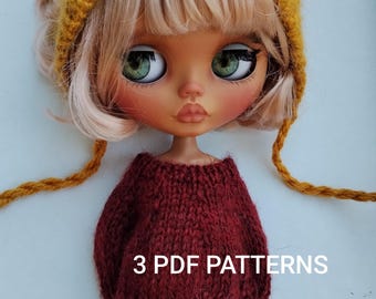 Blythe Doll Clothes PDF Patterns: Knit Hat, Sweater, Crochet Booties