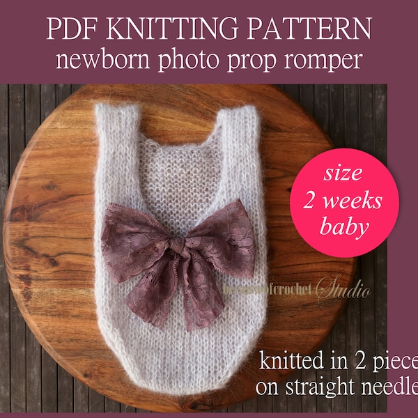 PDF Knitting PATTERN - Newborn photo prop romper. Knitted in 2 pieces on straight needles. Written in US terms. Skill level: intermediate.