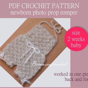 2 PDF Crochet PATTERNS - Newborn photo prop romper and flower tieback. Written in US terms. Skill level: intermediate.