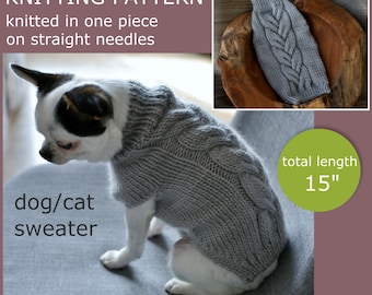 PDF Knitting PATTERN – Small dog/cat unisex sweater (length 15"). Written in US terms. Skill level: Intermediate.