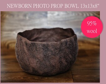 HANDMADE Wool bowl 13x13x8 inch. Newborn photo prop. Felted from extra fine merino wool and matching color viscose fiber. Ready to ship.