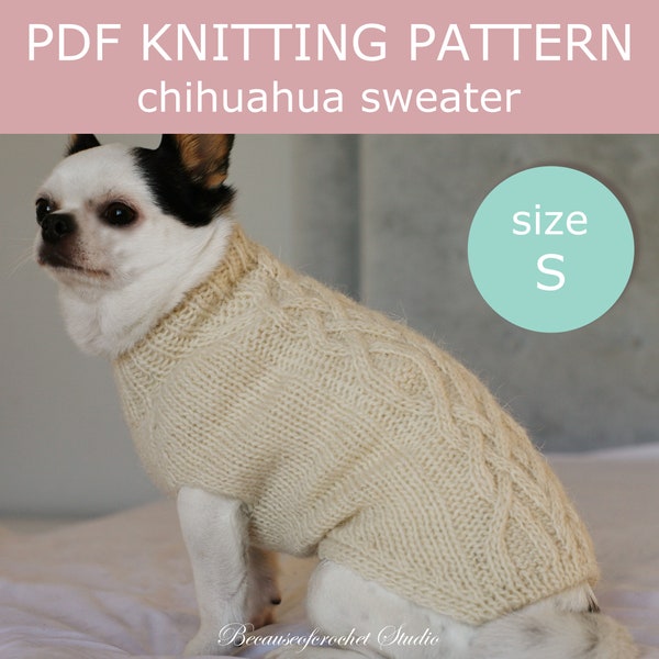 PDF Knitting PATTERN – Chihuahua aran sweater. Dog weight 6-9 Ibs (3-4 kg). Written in US terms. Skill level: advanced.