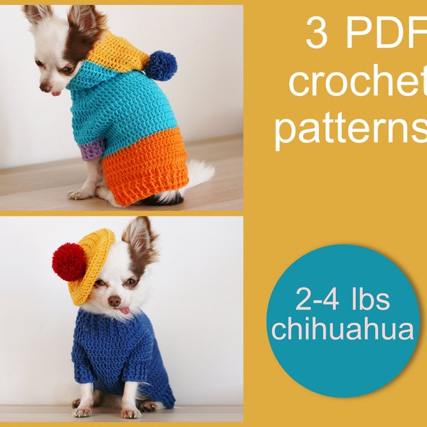 3 PDF Crochet PATTERNS - Fat dog sweaters and hat. Fast and easy. Made in one piece. Written in US terms. Skill level: Intermediate
