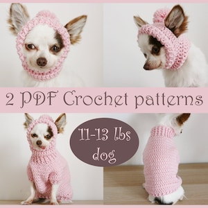 2 PDF Crochet PATTERNS - 11-13 Ibs (5-6 kg) dog sweater and hat. Fast and easy. Written in US terms. Skill level: Intermediate