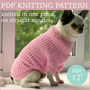 Knitting PATTERN – Dog sweater. Total length 12&quot;. Written in US terms. Knitted in one piece on straight needles. Skill level: intermediate.