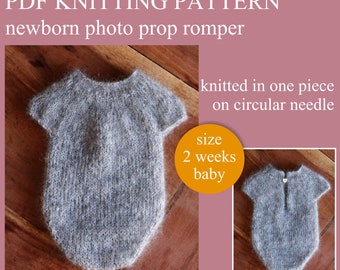 PDF Knitting PATTERN - Newborn photo prop romper. Knitted in one piece on circular needle. Written in US terms. Skill level: intermediate.