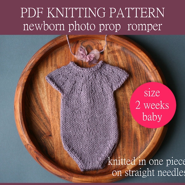 PDF Knitting PATTERN - Newborn photo prop romper. Knitted in 1 piece on straight needles. Written in US terms. Skill level: intermediate.