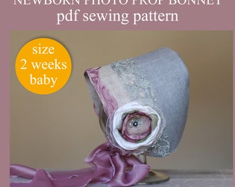 Easy PDF Sewing PATTERN - Baby photo prop bonnet. Print at home letter format and do it yourself. Written in US terms.