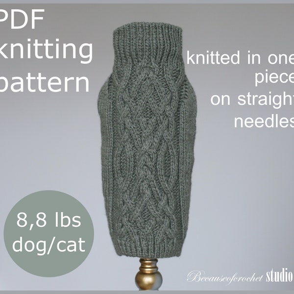 PDF Knitting PATTERN – Aran dog sweater. Dog weight till 8,8 Ibs (4 kg) . Written in US terms. Skill level: Intermediate.