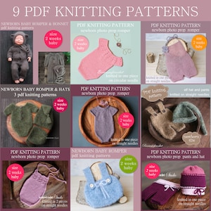 9 PDF Knitting PATTERNS - Newborn baby photo props. Straight needles used. Written in US terms. Skill level: intermediate