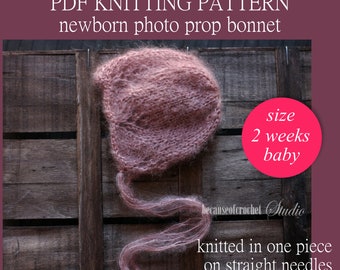 PDF Knitting PATTERN - Newborn photo prop bonnet. Knitted in one piece on straight needles. Written in US terms. Skill level: intermediate.