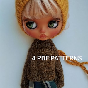 Blythe Doll Clothes Patterns: Knit Sweater, Crochet Booties, Sewing Hat and Pants (4 PDF Patterns)