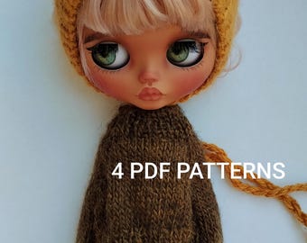 Blythe Doll Clothes Patterns: Knit Sweater, Crochet Booties, Sewing Hat and Pants (4 PDF Patterns)