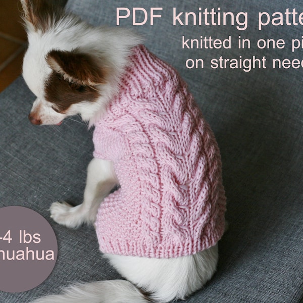 PDF Knitting PATTERN – Toy Chihuahua braided sweater. Dog weight 2-4 Ibs (1-2 kg). Written in US terms. Skill level: Intermediate.