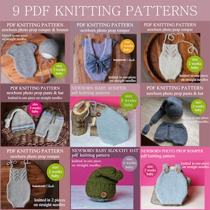 9 PDF Knitting PATTERNS - Newborn baby photo props. Straight needles used. Written in US terms. Skill level: intermediate