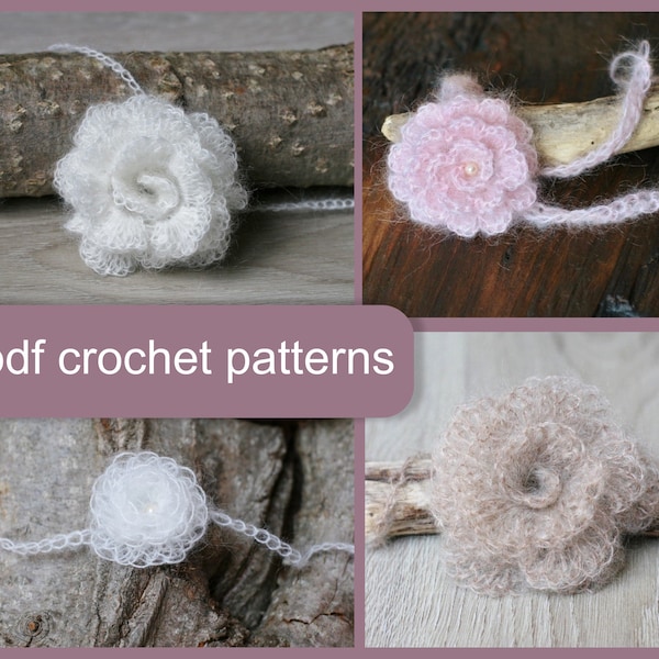 4 PDF Crochet PATTERNS - Newborn/toddler photo prop baby girl tiebacks. Written in US terms.