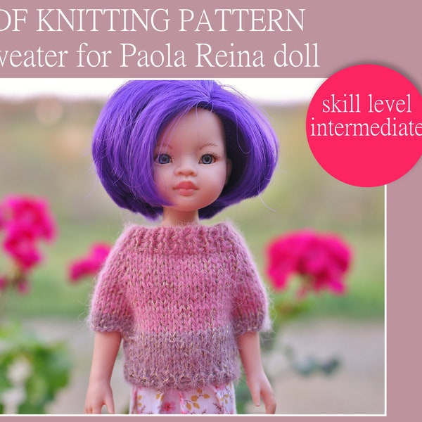 PDF Knitting PATTERN - Sweater for Paola Reina doll. Knitted on straight needles. Written in US terms. Skill level: intermediate.