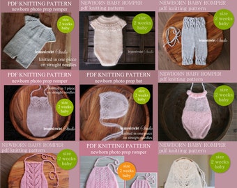 9 PDF Knitting PATTERNS - Newborn baby photo props. Straight needles used. Written in US terms. Skill level: intermediate