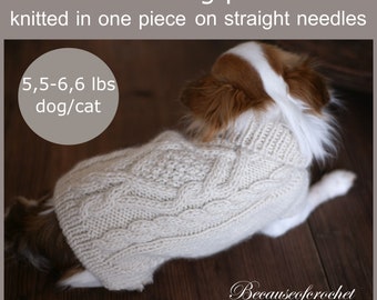 PDF Knitting PATTERN – Aran sweater. Dog/cat weight 5,5-6,6 lbs. Written in US terms. Skill level: Intermediate.