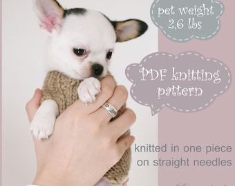 PDF Strickanleitung – Puppy Chihuahua Pullover. Gewicht des Hundes 1,2 kg. Gestrickt in einem Stück auf geraden Nadeln. Geschrieben in US-Begriffen.