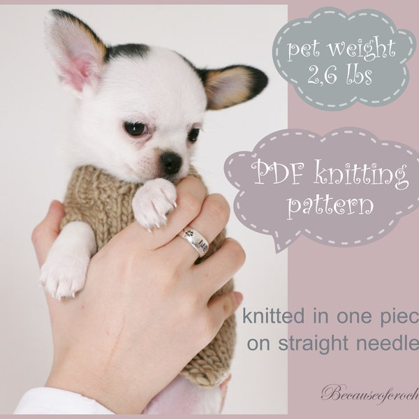 PDF Strickanleitung – Puppy Chihuahua Pullover. Gewicht des Hundes 1,2 kg. Gestrickt in einem Stück auf geraden Nadeln. Geschrieben in US-Begriffen.