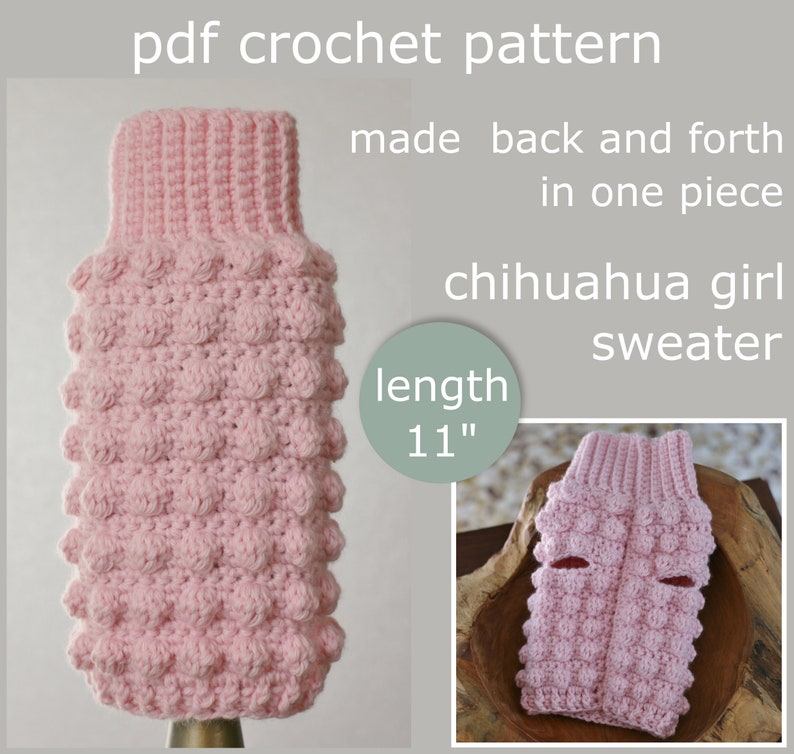 PDF Crochet PATTERN Chihuahua girl sweater. Made in one piece. Written in US terms. Skill level: Intermediate. image 1