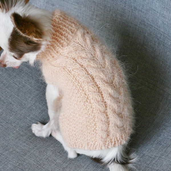 Patron de tricot PDF – Pull tressé pour fille Chihuahua jouet. Poids du chien 2-4 Ibs (1-2 kg). Écrit en termes américains. Niveau de compétence : Intermédiaire.