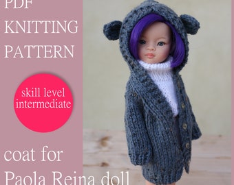 May include: A doll wearing a gray knitted coat with a hood and button closures. The hood has small ear-shaped details. The text on the image reads "PDF KNITTING PATTERN", "skill level intermediate", and "coat for Paola Reina doll".