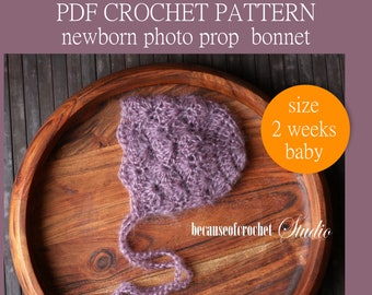 PDF Crochet PATTERN - Newborn photo prop bonnet. Size 2 weeks baby. Written in US terms. Skill level: intermediate.