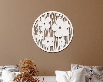 Wooden Wall Decor FLOWERS, Circle Wooden Wall Art, Botanical Wooden Wall Panel