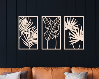 Tropical leaves wooden wall art / Large set of 3 panels / Living room, bedroom wall decor