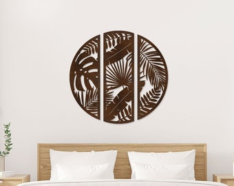 Monstera Wall Decor / Circular Wooden Wall Art Tropical Leaf / Set of 3 Panels Jungle Leaves